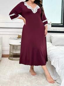 Lace Patchwork Deep V-Neck Mid-Sleeve Maxi Nightgown - Burgundy - View 7