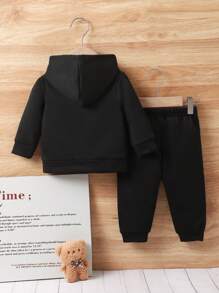 2pcs Baby Boys' Football Letter Print Hooded Sweatshirt And Pants Set, Spring/Fall - Black - View 2
