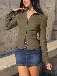 INAWLY Women's Solid Color Front Button Fitted Long Sleeve Blouse Women Shirt - Mocha Brown - View 3