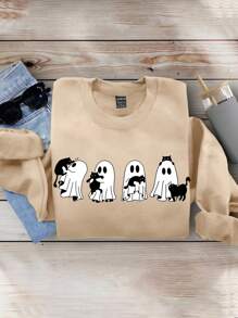 SHEIN Loose Fit Thick Sweatshirt With "Fall Vibes" & Black Cat Pattern, Suitable For Teens And Girls In Autumn And Winter - Camel - View 1