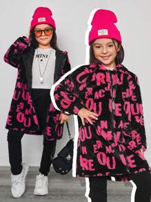 Tween Girls Y2K Style Letter Printed Reversible Fleece Jacket - Black - View 1