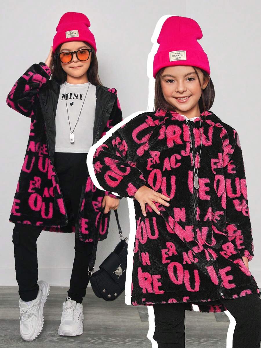 Tween Girls Y2K Style Letter Printed Reversible Fleece Jacket - Black - View 1