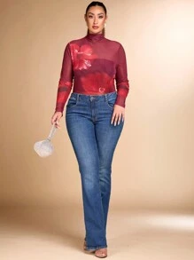 SHEIN BAE Malla larga de manga larga con estampado floral grande, elegante, sexy y dulce, body de talla grande para otoño