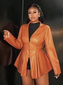 Slaydiva Plus Size Women Casual Ruffle Hem PU Jacket For Autumn