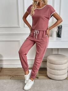 SHEIN LUNE Bộ 2 chiếc áo ngắn tay và quần dài họa tiết tương phản thường ngày cho nữ, xuân hè - Hồng - Xem 5