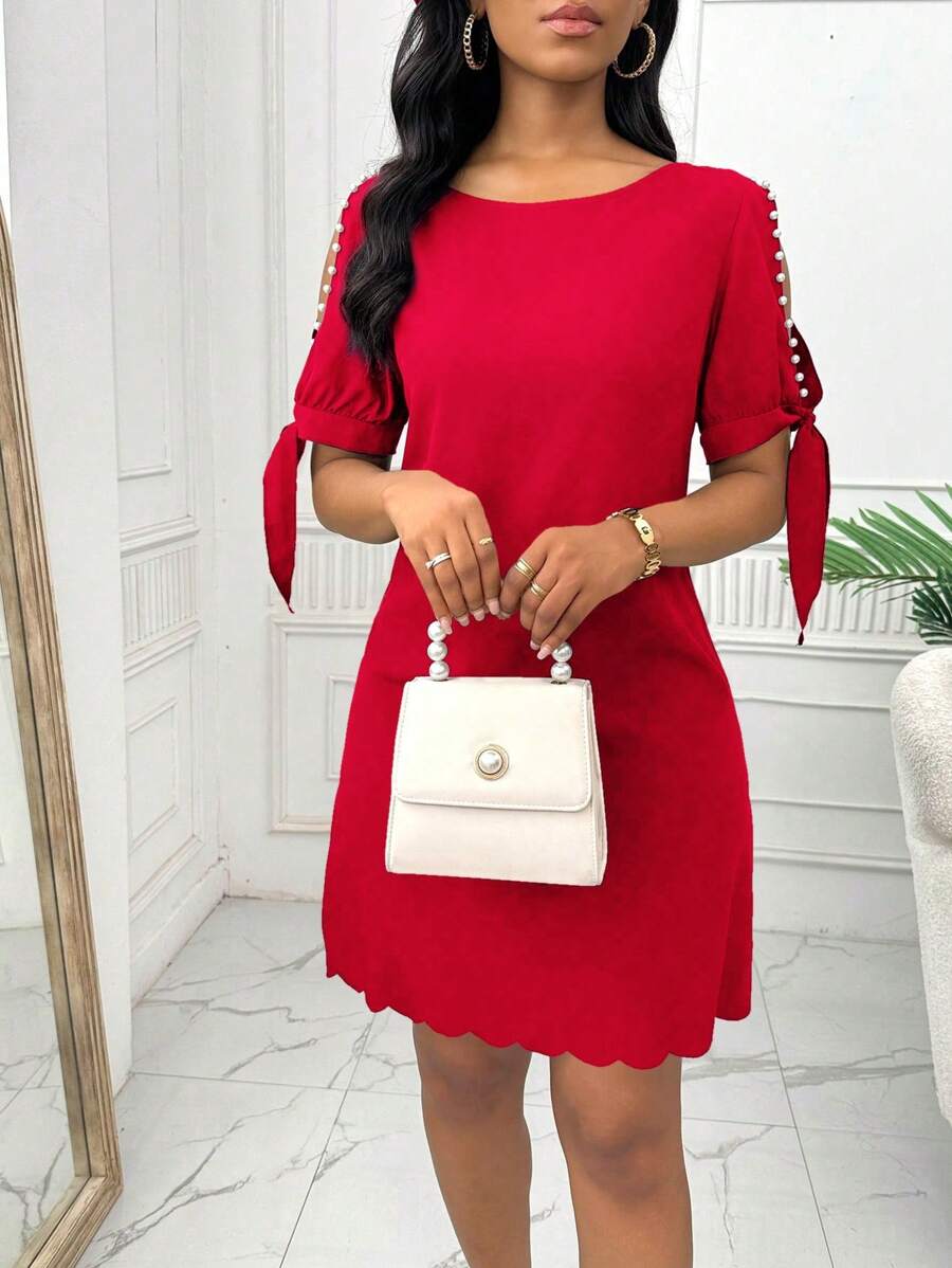 SHEIN Unity 女士纯色 V 领开叉短袖仿珍珠装饰优雅夏季连衣裙新年衣服 - 紅色 - 查看 1