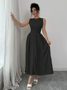 Rafferiza Women's Casual Commuter Side Slit Zip Up Mid-Length Dress Maxi Women Outfit - Black - View 5