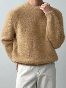 DAZY Men's Round Neck Long Sleeve Solid Color Fleece Sweater, Autumn - Camel - View 3