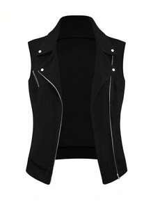 SHEIN LUNE 大码无袖前拉链简约夹克，休闲日常穿着 - 黑色 - 查看 7