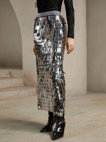 Anewsta Váy dệt kim dài ngang gối sang trọng hiện đại dành cho nữ, đính sequin và hạt cườm bạc, thích hợp cho các bữa tiệc. - Bạc - Xem 5