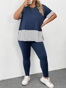 SHEIN CURVE+ Curve Plus Size 2 Cái/bộ Áo thun sọc ngang ngắn tay & quần dài, trang phục thể thao thông thường ở nhà trang phục mùa hè rộng rãi - Xanh và trắng - Xem 5