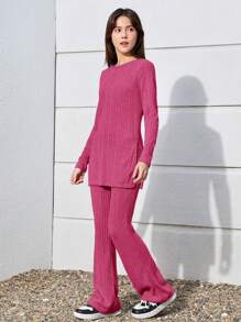 SHEIN 2pcs Teenager Mock Collar Split Hem Long Sleeve T-Shirt And Sweatpants Ribbed Outfit Set