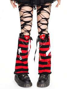 ROMWE Anime Bộ 2 chiếc quần giữ ấm chân sọc đen đỏ phong cách Gothic Punk có cánh dơi, dây xích và chi tiết thánh giá dành cho nữ, Halloween - Đỏ - Xem 2