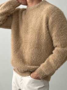 DAZY Men's Round Neck Long Sleeve Solid Color Fleece Sweater, Autumn - Camel - View 5