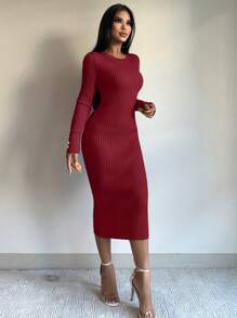EURMUSE 女款純色修身毛衣連身裙 - 紅色 - 查看 4