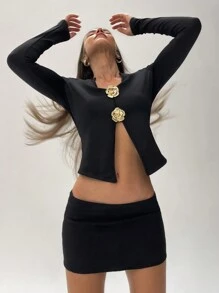 Aloruh 女士秋季上衣黑色上衣纯色长袖 T 恤优雅通勤商务日常休闲浪漫花朵金属装饰黑色 T 恤，秋季女士性感上衣性感服装黑色两件套女士性感上衣 - 黑色 - 查看 7