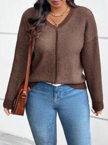 SHEIN LUNE Plus Size V-Neck Striped Pullover Sweaterbusiness Casual Woman,Holiday Outfits,Country Tops - Multicolor - View 3