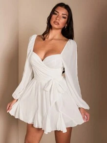 SHEIN BAE 黑色纯色露背蝴蝶结灯笼袖开衩长袖透明轻薄夏季休闲日常度假连衣裙女士 - 白色 - 查看 9