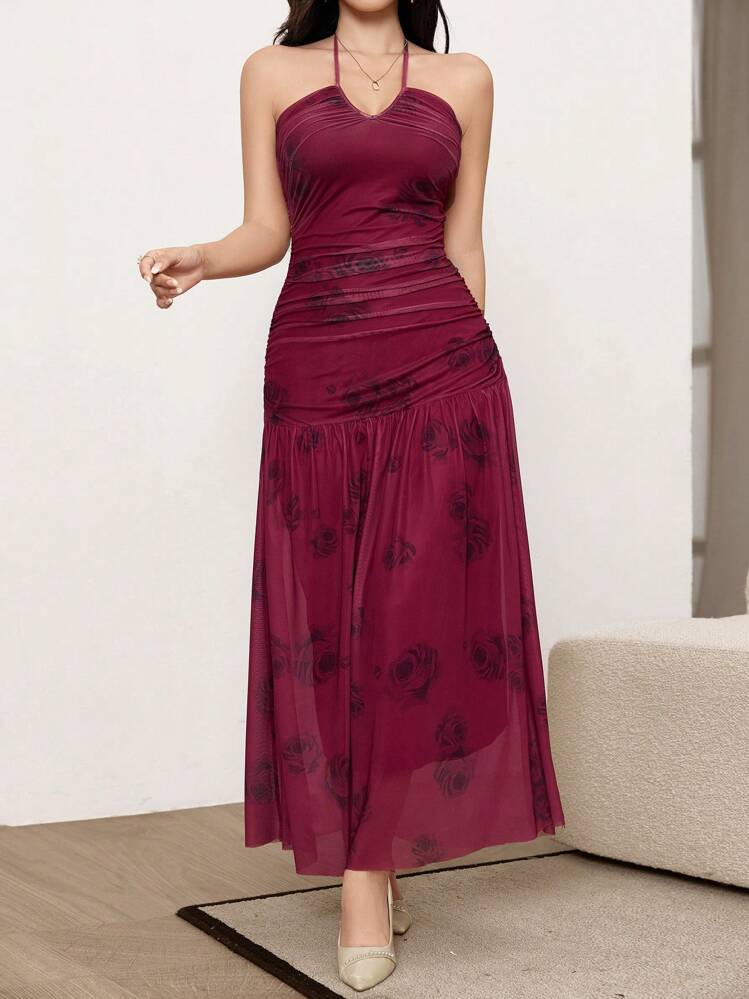 Modelyn Burgundy Red 2pcs/Set Floral Print Ruffle Neck Dress And Cover Up, Summer - Burgundy - View 3