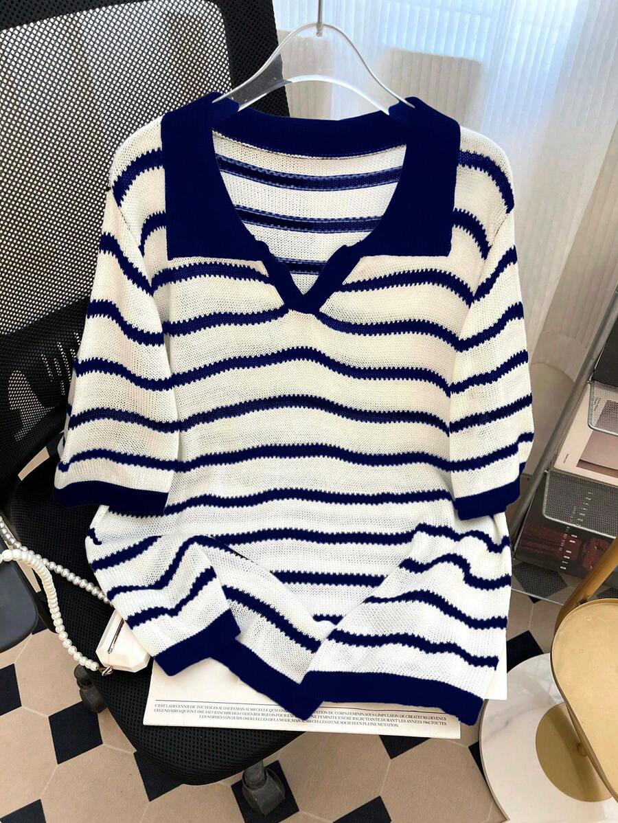 GlowEve CURVE Plus Size Color Block Striped Knitted Top, Spring & Autumn - Blue - View 1