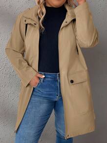 SHEIN LUNE Plus Size Women's Solid Color Long Sleeve Drawstring Hooded Loose Casual Jacket, Spring And Autumn - Khaki - View 3