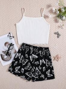 SHEIN 2pcs Teen Girls' Minimalist Butterfly Print Camisole And Shorts Casual Loungewear Pajama Set - Black and White - View 2