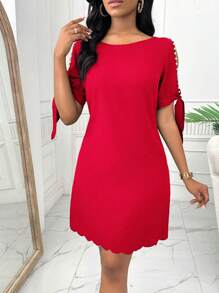 SHEIN Unity 女士纯色 V 领开叉短袖仿珍珠装饰优雅夏季连衣裙新年衣服 - 紅色 - 查看 6