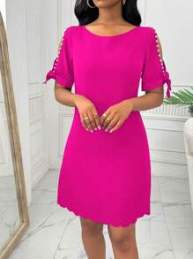 Lunelith SHEIN Lunessa Đầm mini đính hạt đơn giản cổ tròn tay ngắn màu trơn cho nữ - Màu Hồng Tươi - Xem 3