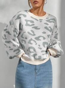 Flirla 宽松休闲豹纹针织毛衣，秋冬针织套头衫 - 彩色 - 查看 6