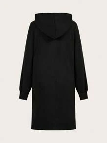 SHEIN LUNE Women's Casual Solid Color Drawstring Hooded Sweatshirt Dress