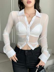 DAZY Áo cánh tay dài màu trơn lưới mỏng cho nữ, áo đi chơi mùa xuân và mùa hè - trắng - Xem 4