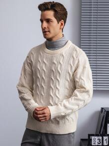 Manfinity Homme Men's Casual Solid Color Round Neck Drop Shoulder Long Sleeve Sweater, Autumn/Winter - White - View 3