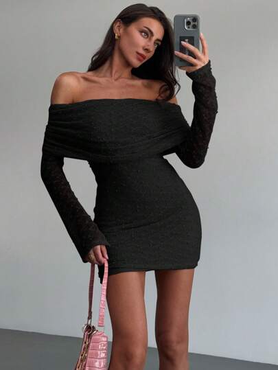 Aloruh 浪漫约会/假日露肩半透明长袖紧身下摆迷你连衣裙，女式，纹理面料