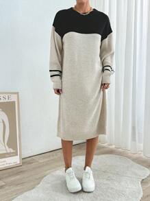 EURMUSE Autumn-Winter Casual Color Block Striped Knit Sweater Dress