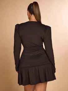 SHEIN BAE Abito mini con maniche a palloncino, scollo a V profondo, arricciato e avvolgente, orlo arricciato, adatto per donne taglia grande, elegante e dolce, per l'autunno, abito stile fairy core