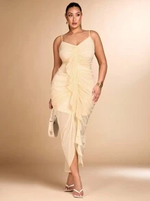 SHEIN BAE Plus Size Women Wrap Ruched Bust Elegant Dress With Flounces - Apricot - View 4