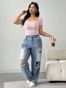 SHEIN EZwear 罗纹修身基本款 T 恤，加大码