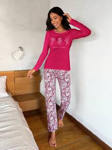 RueChic Floral Print PJ Set - Burgundy - View 5