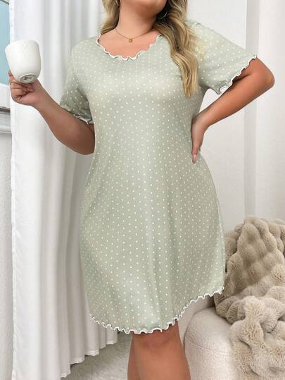 Plus Size Polka Dot Print Lettuce Nightgown, Moo view 5