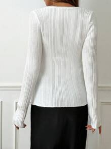 Chiquease Women's Solid Color V-Neck Long Sleeve Split Hem Pullover Sweater, Autumn & Winter, Knit Pullover Fall - White - View 2