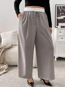 SHEIN Frenchy Plus Size Women Loose Contrast Color Belted Wide Leg Casual Pants - Khaki - View 5