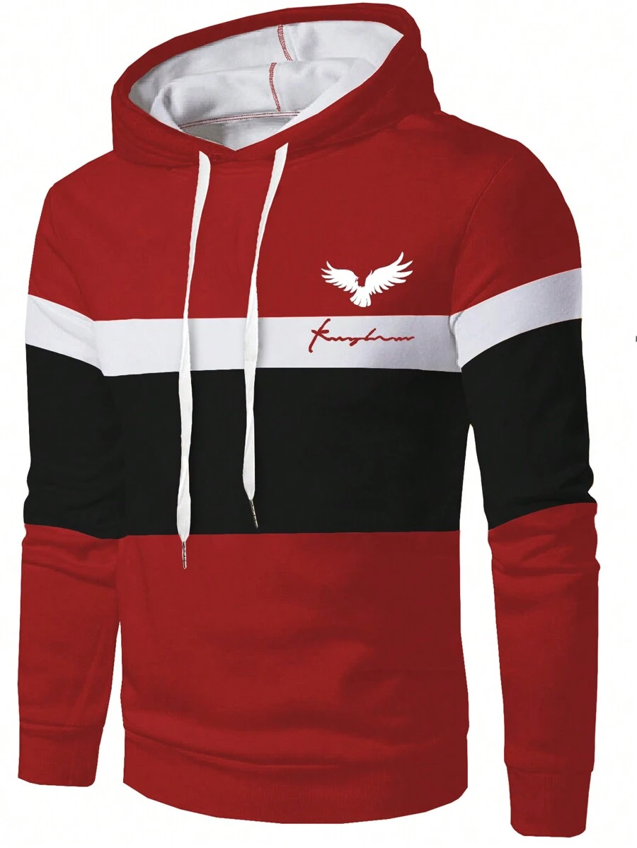 Manfinity Homme Men's Autumn Winter Letter & Eagle Print Drawstring Hoodie Sweatshirt - Multicolor - View 1