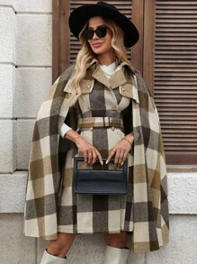 SHEIN Clasi Áo khoác nữ thanh lịch kẻ caro thắt eo với khuy trang trí, thích hợp cho mùa thu và mùa đông, màu nâu kaki ấm áp, kiểu dáng cổ điển, màu Maillard, thích hợp đi du lịch sân bay. - Nhiều màu - Xem 6