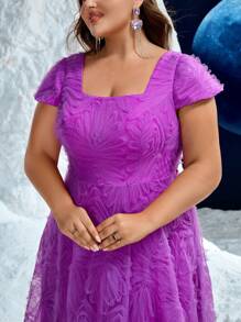 Plus Square Neck Purple Embossed Floral Elegant Multilayered 3D Floral Midi Dress, Wedding Event Dress,Party Dress,Gown,Formal,Evening,Wedding Guest