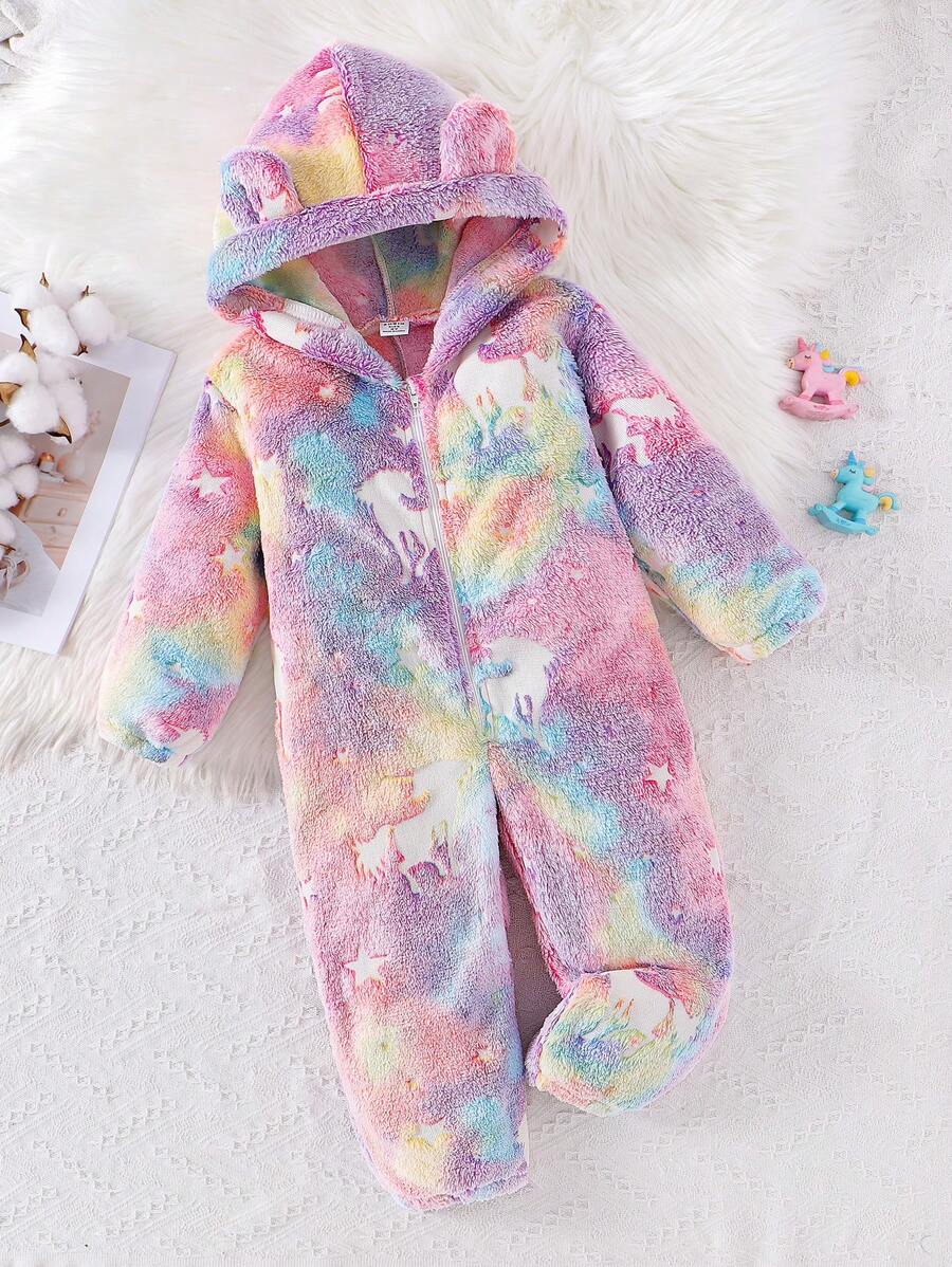 SHEIN Mono térmico forrado de manga larga con capucha y orejas, con detalles brillantes en la oscuridad y con estampado de unicornio colorido para niña pequeña - Rosa - Ver 1