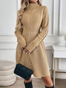 Chiquease 复古高领高腰修身纹理针织毛衣女连衣裙 - 卡其色 - 查看 1