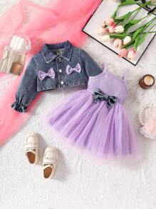 Baby Girl Spring Autumn Bowknot Decor Long Sleeve Jacket And Mesh Splice Cami Dress 2pcs/Set - Mauve Purple - View 3