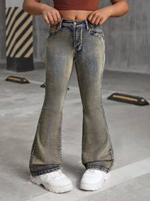 SHEIN Tween Girl Y2K 2000s Retro Stonewashed Vintage Denim Flare Leg Jeans, Fall Back To School Streetwear - Medium Wash - View 6