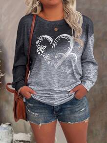 大码圆领长袖渐变色心形印花休闲 T 恤图案 T 恤女式上衣适合春季服装