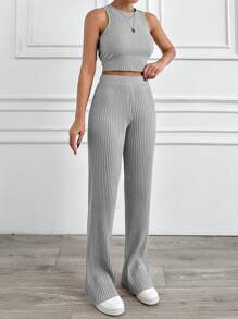 EURMUSE Rib Knit Two Pcs Beige Set - Light Grey - View 3
